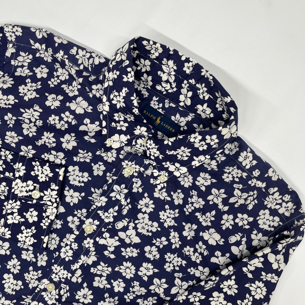 Ralph Lauren Women's Floral Button Down Shirt Navy Blue White Size 14 Preppy